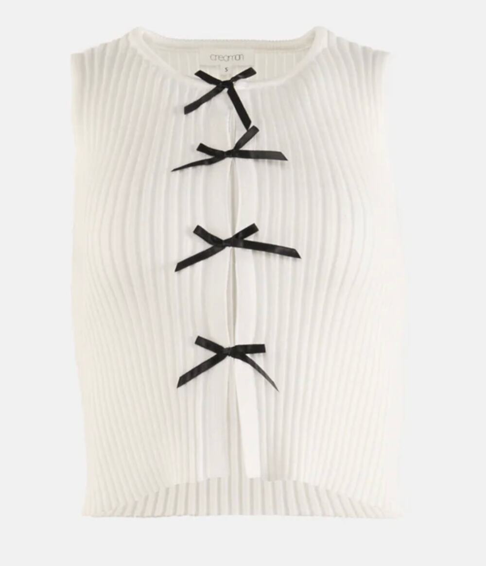 NWT Creamon Bow Ribbon Contrast Sleeveless Cardigan Vest White sz. M